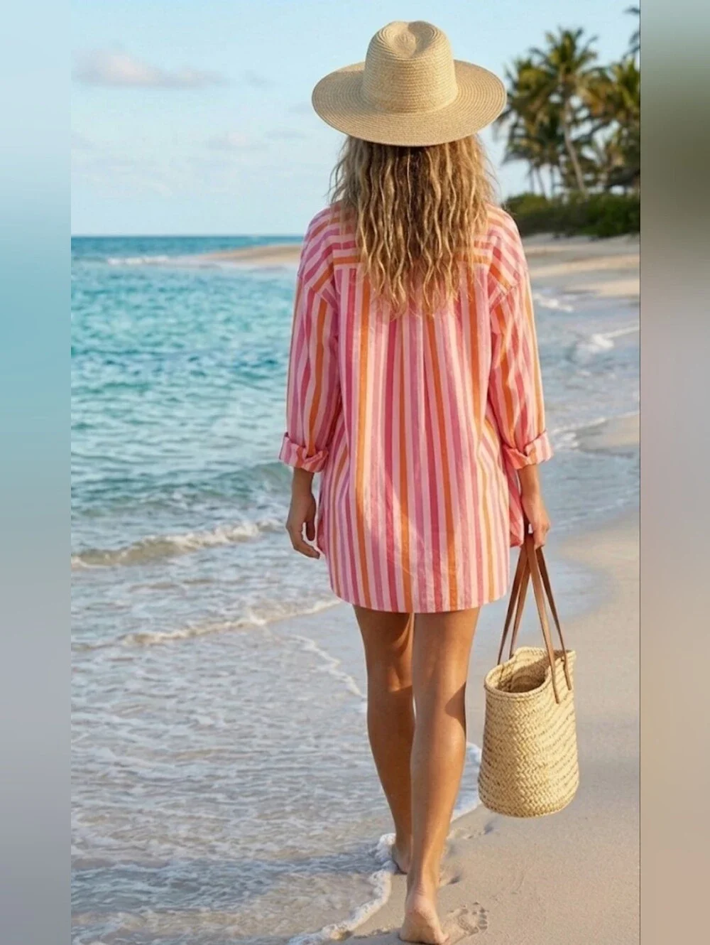 Beach Riot Striped Button Down Shirt Coverup Pink Orange Size L/XL